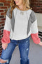 Waffle Patchwork Exposed Seam Balloon Sleeve Color Block Knit Top